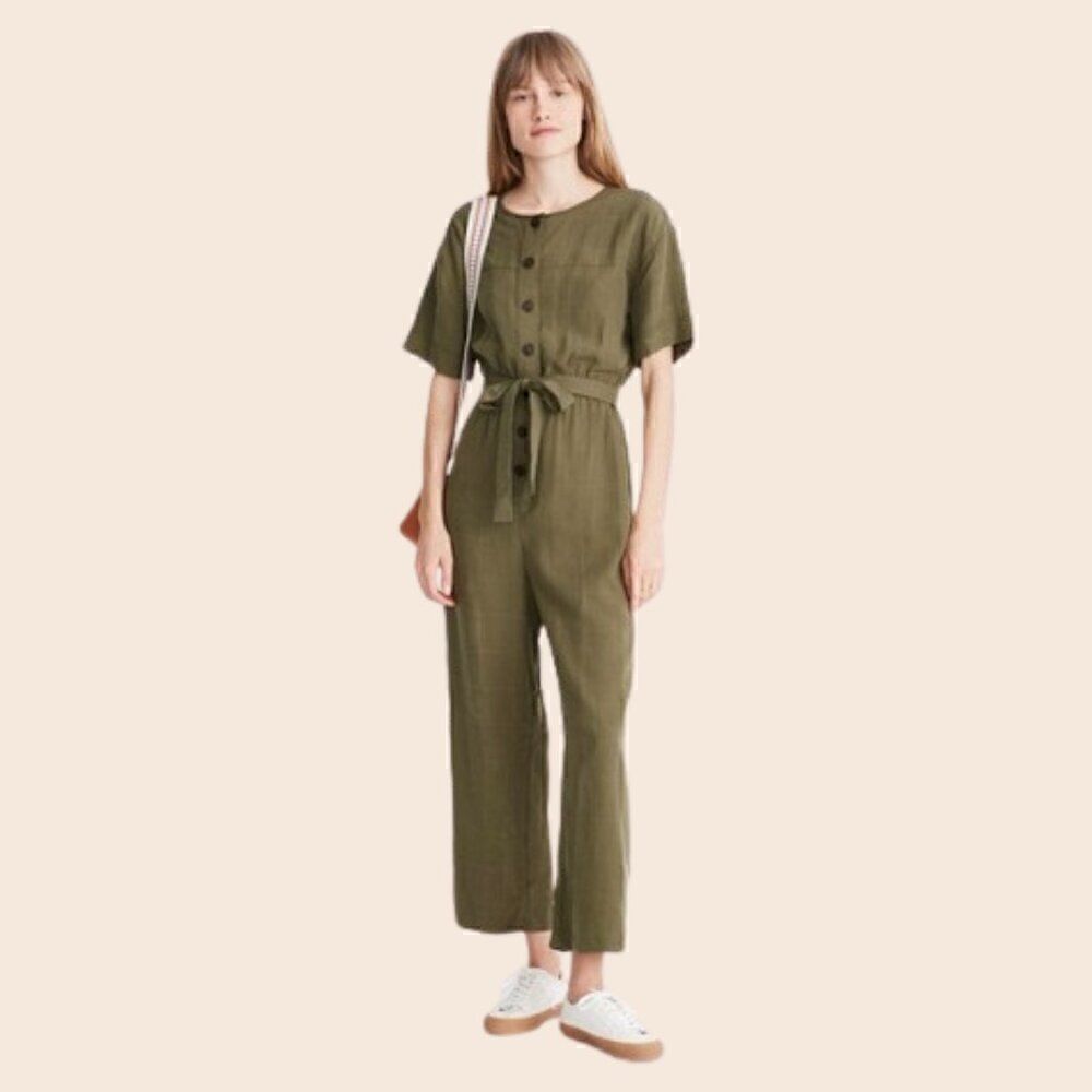 Madewell Olive Green Short-Sleeve Belted Jumpsuit Size XS